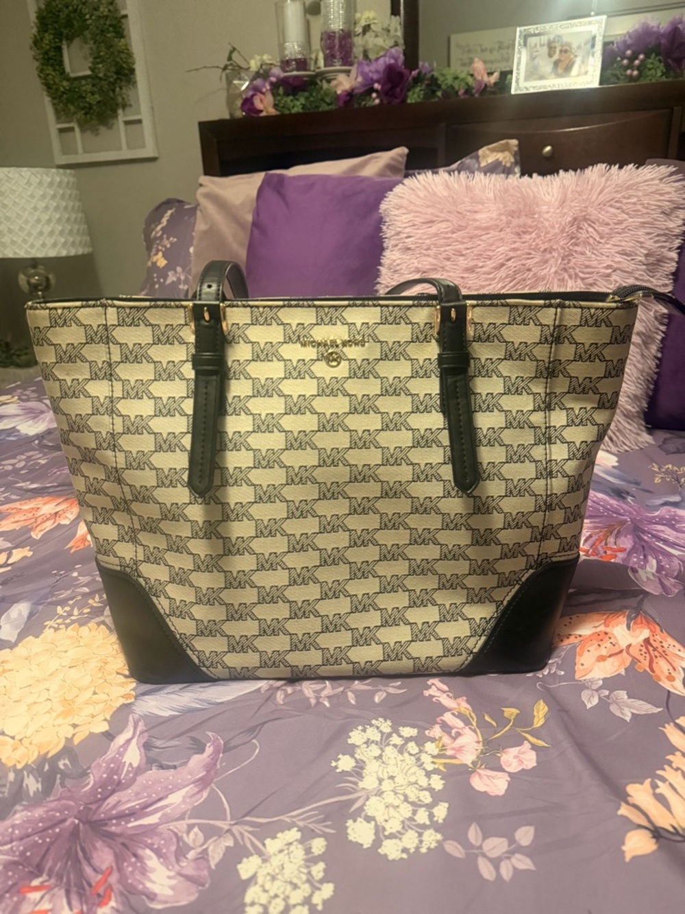 Michael Kors grey Monogram Canvas Tote with Black Leather Trim